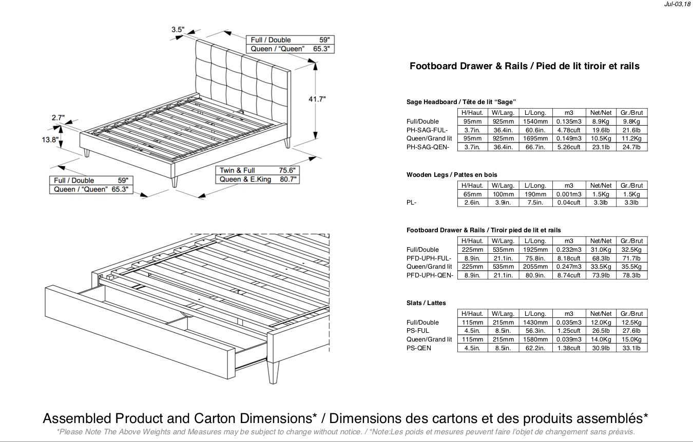 Le Sauge - Base de Lit Rembourrée en Tissu / Option Tiroir