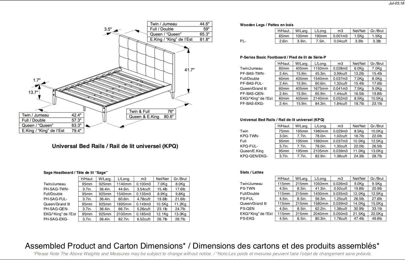 Le Sauge - Base de Lit Rembourrée en Tissu / Option Tiroir