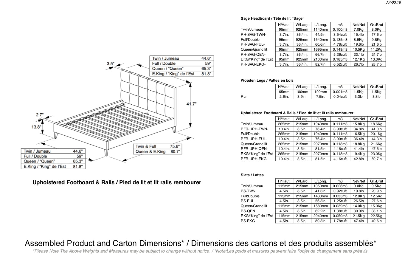 Le Sauge - Base de Lit Rembourrée en Tissu / Option Tiroir